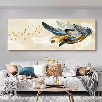 Современная абстрактная картина с золотым пером и бабочкой на холсте, постеры и принты, настенные художественные фотографии, домашний декор для гостиной, без рамки 20cm40cm NoFrame
