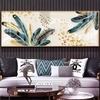 Современная абстрактная лента с золотым пером, холст, картина, скандинавские постеры и принты, настенная художественная картина для декора гостиной, без рамки 20cm40cm NoFrame