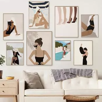 Современная абстрактная мода девушка настенное искусство бохо холст живопись скандинавские геометрические женские постеры и принты для украшения комнаты 21x30cm No Framed