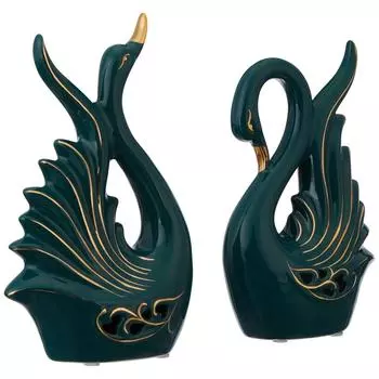 Современная элитная керамическая фигурка в виде пары лебедей | Красивый декор для дома (2 шт., темно-зеленый, средний)