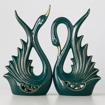 Современная элитная керамическая фигурка в виде пары лебедей | Красивый декор для дома - 2 шт., темно-зеленый, средний темно-зеленого