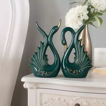 Современная элитная керамическая фигурка в виде пары лебедей | Красивый декор для дома - 2 шт., темно-зеленый, средний