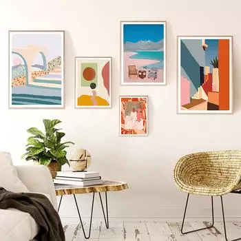 Современная архитектурная картина на холсте, печать плаката, пейзаж, пляж, флора, настенное искусство, картины, скандинавское украшение для гостиной, картина без рамки 21*30cm No Frame