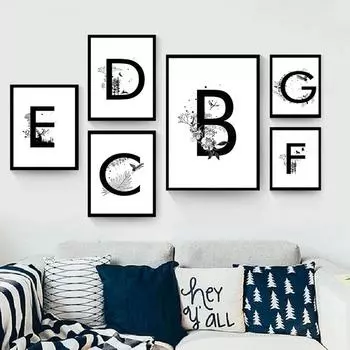 Современная черно-белая печать 26 английских букв, постеры на холсте и напечатанные картины для гостиной, спальни и домашнего декора 21x30cm No Framed