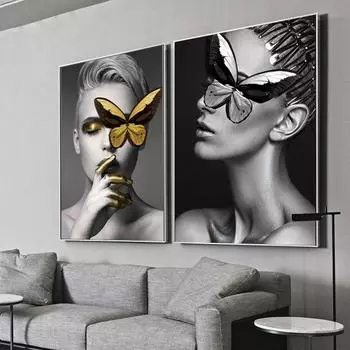 Современная черно-белая сексуальная очаровательная женская красота губ, холст, картина, модная настенная картина с бабочкой для гостиной, домашний декор 21x30cm No Frame