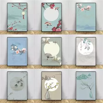 Современная декоративная живопись с цветами и птицами, ветка, шнурок, вентилятор, новый китайский стиль, гостиная, диван, фон, стена, холст 21cm30cm NoFrame