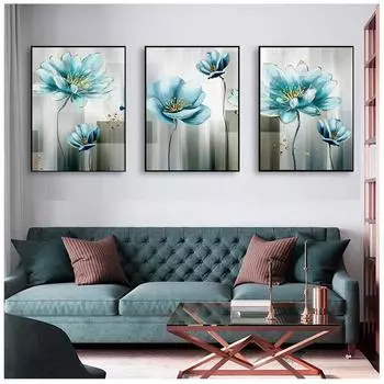 Современная детская синяя настенная картина для гостиной с золотым принтом Cuadros Salon Decoracio, абстрактная картина на холсте с синим цветком 21x30cm No Frame