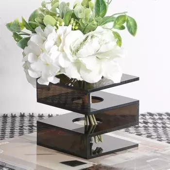 Современная европейская легкая роскошная квадратная хрустальная ваза S для гостиной, настольная цветочная композиция, мягкие дизайнерские ювелирные украшения высокого класса (Special Acrylic) Gray Black Small + Floral