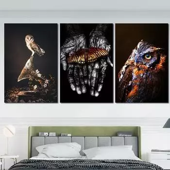 Современная художественная живопись, скандинавская Сова, бабочка, постер с животными, печать на холсте, украшение для гостиной, настенные панно 21*30cm