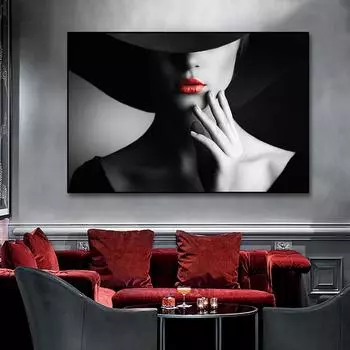 Современная картина маслом для девочек, картина и принты для украшения гостиной, элегантный женский постер с красными губами, настенная живопись на холсте 20x30cm
