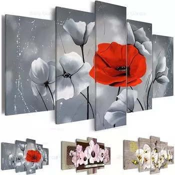 Современная картина на холсте, 5 панелей, красный и серый плакат с цветком мака, роскошный фон, фотографии для гостиной, домашний декор Cuadros 20x35cm*2 20x45cm*2 20x55cm*1