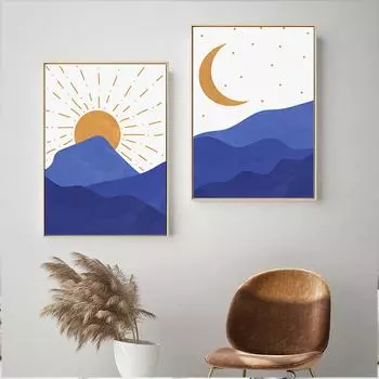 Современная картина на холсте с изображением Солнца и Луны, постеры и принты, настенная художественная картина, абстрактный японский закат, горный пейзаж для домашнего декора 21cm30cm NoFrame