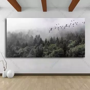 Современная картина на стене с изображением туманного леса и гор, картина на холсте, природный пейзаж, постеры, настенное искусство с изображением соснового леса, декор для гостиной 20x40cm No Framed