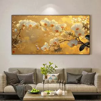 Современная легкая роскошная картина на холсте с золотым белым фаленопсисом, настенное искусство с белой орхидеей и жемчугом, для декора гостиной, без рамки 20*40cm No Frame