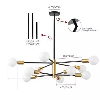 Современная люстра Sputnik - люстра на 10 ламп с регулировкой высоты(лампочка НЕ входит в комплект), Черно-золотая отделка для кухни, спальни и прихожей