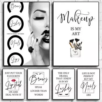 Современная мода бровей, ресниц, губной помады, ногтей, макияжа, плакат, черный, белый цвет, салон красоты, холст, картина, настенная художественная картина, декор для студии 21x30cm No Framed