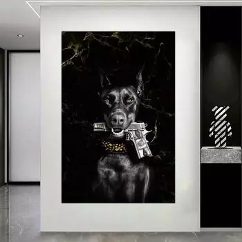 Современная мода черный доберман собака лев с пистолетом постер холст картина роскошные животные настенное искусство картина для декора гостиной 20x30cm