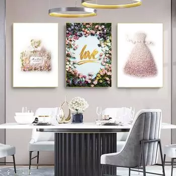 Современная мода Цветок Флакон духов Платье Букет цветов Плакат Роскошные декоративные картины Картина на холсте Настенное искусство Домашний декор 21x30cm No Framed