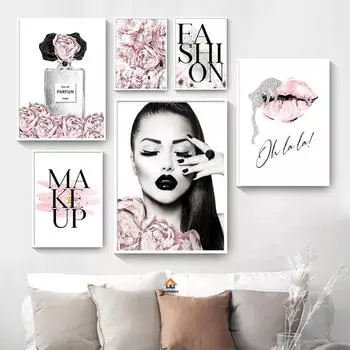 Современная мода розовый цветок духи сексуальные губы женский макияж плакат холст живопись настенные художественные постеры принты девушка спальня домашний декор 21x30cm No Framed