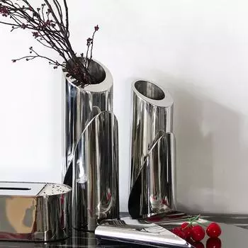 Современная модель дома из нержавеющей стали, цветочная композиция, украшения, абстрактное искусство, дислокация, ваза большого диаметра с косым горлом, мягкие украшения