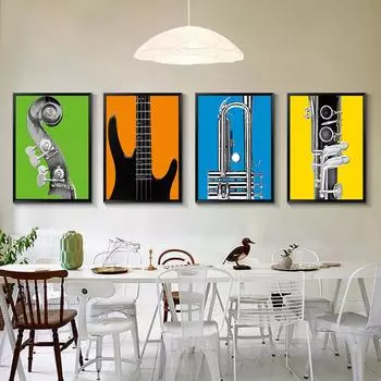 Современная музыкальная гитара в стиле рок-н-ролл, бас-труба, черный, белый цвет, холст, картина, настенный постер, гостиная, диван, фоновый декор 30x40cm No Frame
