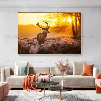 Современная настенная живопись на холсте Олень на закате Пейзаж Плакат HD Печать Фотографии животных для украшения гостиной Cuadros без рамки 21*30cm