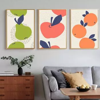 Современная настенная живопись с фруктами и листьями, холст, скандинавская картина с яблоком, грушей, оранжевым, принты, настенные панно для декора гостиной, кухни 21cm30cm NoFrame