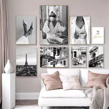 Современная Парижская башня Сексуальная девушка Деньги Черно-белая фотография Плакат Декоративные картины Холст Настенные картины Гостиная Домашний декор 21x30cm No Framed