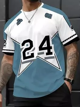 Современная повседневная одежда, мужская футболка с 3D-принтом, повседневная футболка с короткими рукавами и принтом 24 звезды, круглый вырез, двухцветный дизайн, полосатые манжеты S