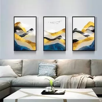 Современная простая абстрактная Золотая горная птица пейзажная живопись Голубая гора триптих гостиная спальня настенная живопись 20x30cm No Frame янтарь