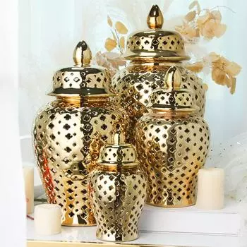 Современная простая модель комнаты, золотая полая керамическая банка общего назначения, гостиная, тумба под телевизор, украшение для крыльца, домашнее украшение, банка для имбиря