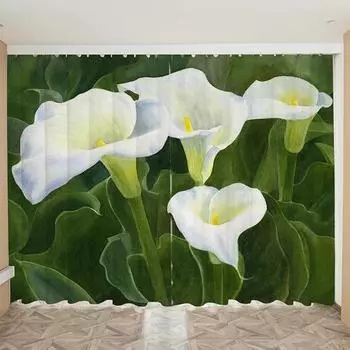 Современная Простая Роскошная Высокая Занавеска Зеленая Свежая Ins Стиль Калла Цветок Лотоса Спальня Гостиная Балкон Затемняющая Штора W55 X H120cm X 2&HOOK