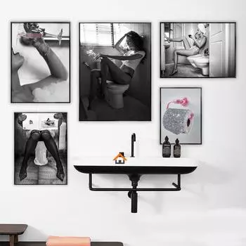 Современная сексуальная обнаженная женщина в рулоне туалетной бумаги, серебряная блестящая декоративная картина для туалета, холст, картина, настенная художественная картина для украшения ванной комнаты 21x30cm No Framed