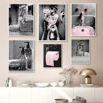Современная сексуальная женщина, бар, девушка, пьющая, ванная комната, холст, печать, картина, постер, модный черный, белый рулон, туалетная бумага, декор для рисования 21x30cm No Framed