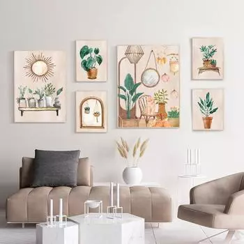 Современная скандинавская ваза Monstera в стиле бохо, подорожник, комнатное растение, настенная живопись на холсте, постеры и принты, фотографии для декора гостиной 21X30cm No Frame