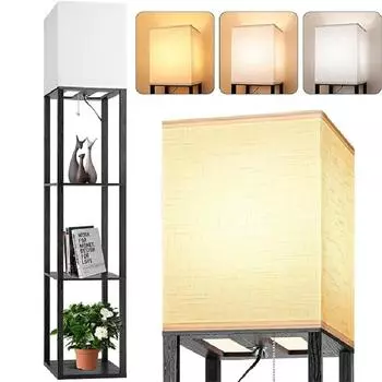 Современная светодиодная напольная лампа с 3-цветной лампочкой, белый льняной абажур, деревянные полки, украшение для гостиной, спальни, подставка, освещение EU plug