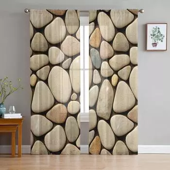 Современная текстура гальки, коричневая прозрачная вуаль, оконные шторы, тюлевые шторы, украшения для гостиной, балкона, шторы 135W x 114H(cm)