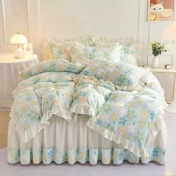 Современная утолщенная юбка с принтом, комплект постельного белья, 4 шт., молочный бархат, пододеяльник, королевский размер, односпальная двуспальная кровать с 2 наволочками 1.2x2m-47x79inch bed