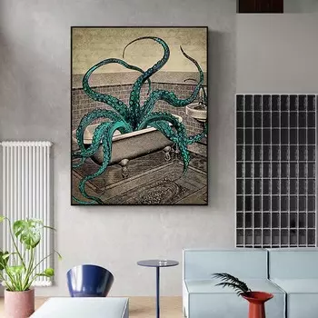 Современная зеленая нога осьминога, масло, холст, живопись, абстрактные постеры с животными и принты, настенная картина для декора гостиной, без рамки 21cm30cm NoFrame