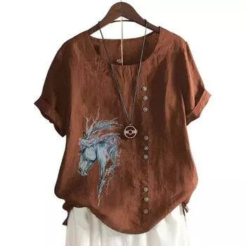 Современная женская хлопковая футболка с привлекательным принтом и яркими пуговицами S кофейный