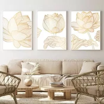 Современная золотисто-желтая линия лотоса, абстрактная картина на холсте, новые китайские картины, принты для гостиной, настенный художественный декор, постеры 21*30cm