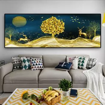 Современное абстрактное золотое дерево с оленем, пейзаж, холст, картины, постеры и принты, настенные художественные картины для гостиной, домашний декор, без рамки 20*40cm