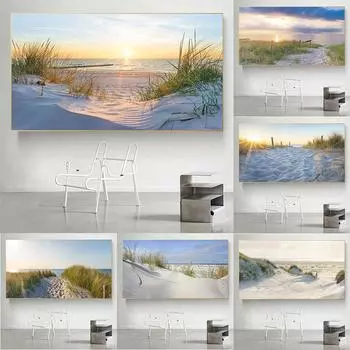Современное голубое солнце, пляж, трава, океан, морской пейзаж, холст, картина, пейзажные постеры и принты, домашний декор для украшения гостиной 20x30cm NO Frame ауреолин