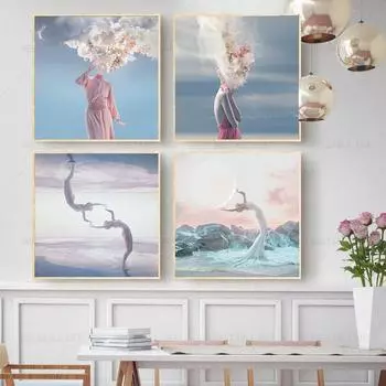 Современное искусство Dearm, фэнтезийные постеры, печать на холсте, настенная живопись, расплавленные женские изображения с облаками, украшение для дома, декор для комнаты для девочек 21cm30cm No Frame