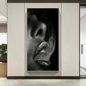 Современное искусство Интерьерная живопись Женщина Сексуальные красные губы Коса Красный дым Холст Картина Плакат и принт для декора стен гостиной Без рамки 20*40cm