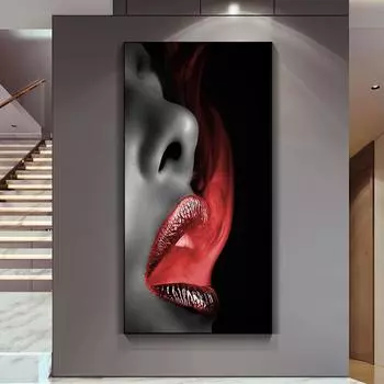 Современное искусство Интерьерная живопись Женщина Сексуальные красные губы Коса Красный дым Холст Картина Плакат и принт для декора стен гостиной Без рамки 20*40cm No Frame
