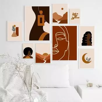 Современное искусство Картина на холсте Африканская черная женщина Постеры и принты Солнце Луна Растение Бохо Настенные картины Гостиная Домашний декор 21x30cm No Framed