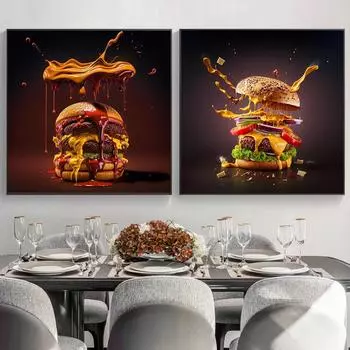 Современное искусство Куриный бургер Картина на холсте Искусство еды Фаст-фуд Гамбургер Плакат и принты для гостиной Ресторан Декор стены 20x20cm No Framed