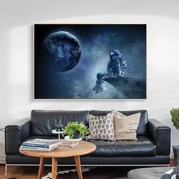 Современное искусство: Одинокие астронавты смотрят на холст Земли в космосе 21cm30cm NoFrame