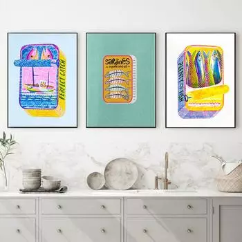 Современное искусство в скандинавском стиле сардины олово холст роспись плакат с рыбой 21cm30cm NoFrame